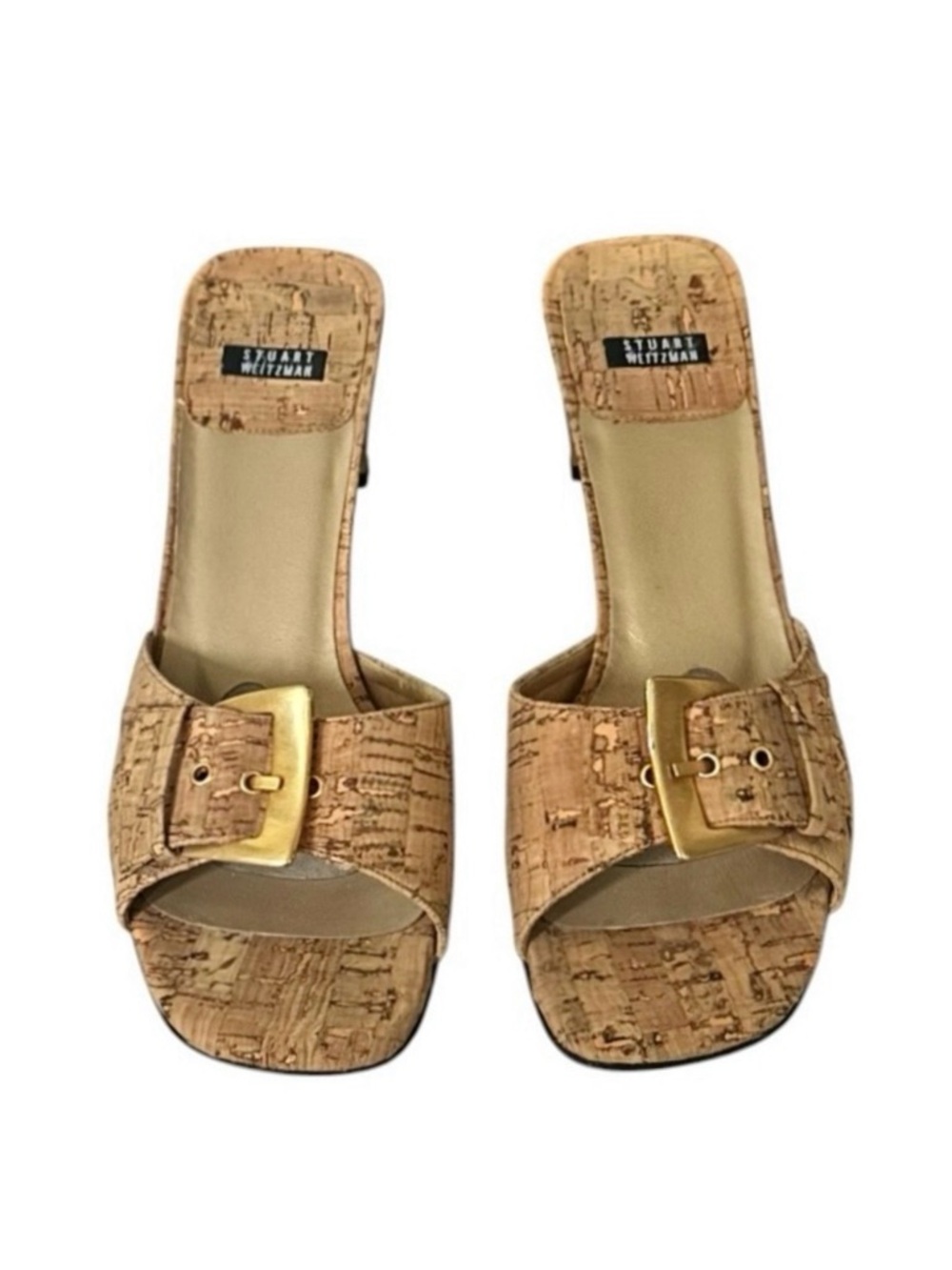 Stuart Weitzman Natural Cork Buckle Padlock Slide Heeled Sandals Size 7